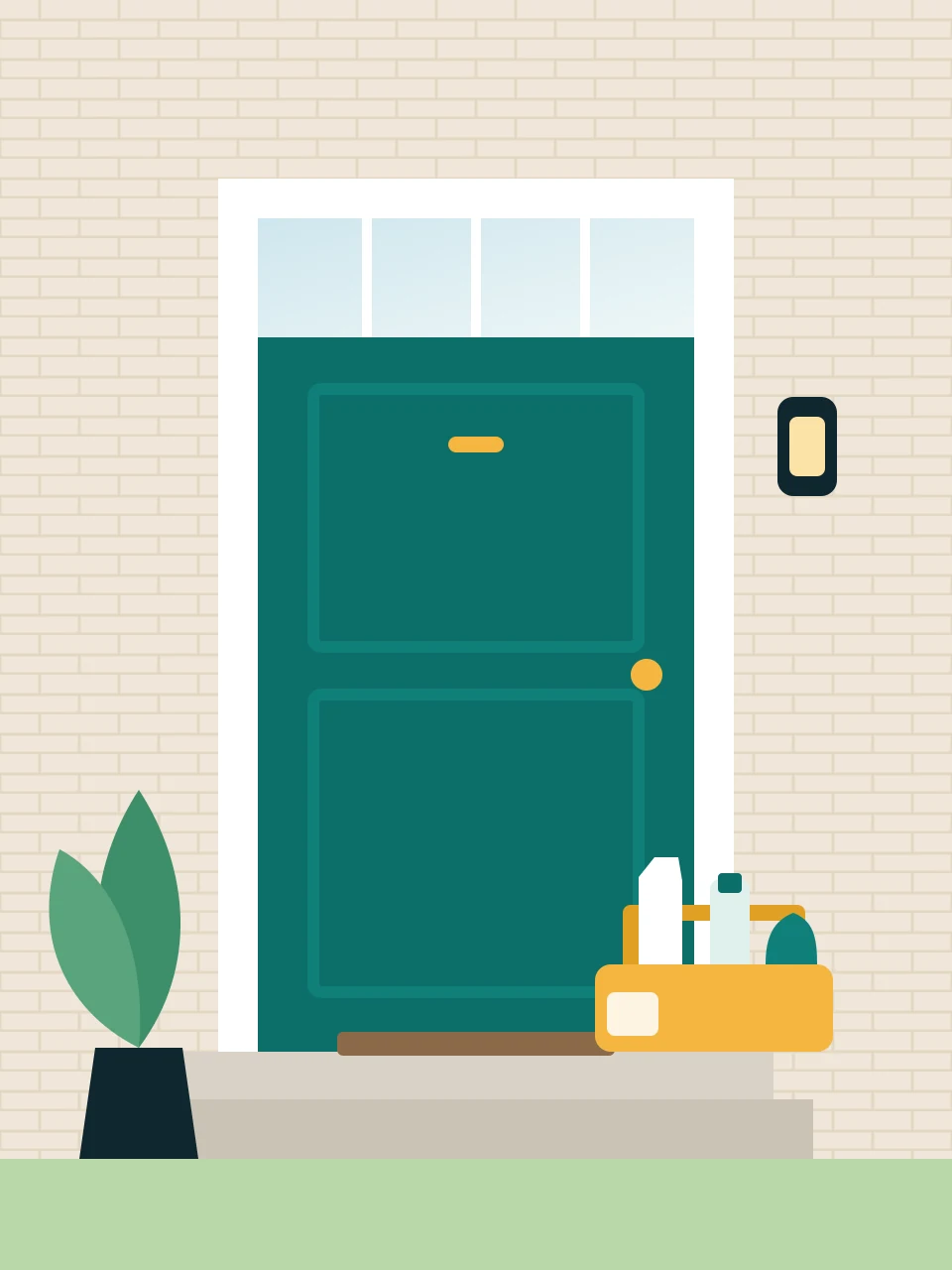 Front door of a Melbourne home with a cleaning caddy waiting on the step