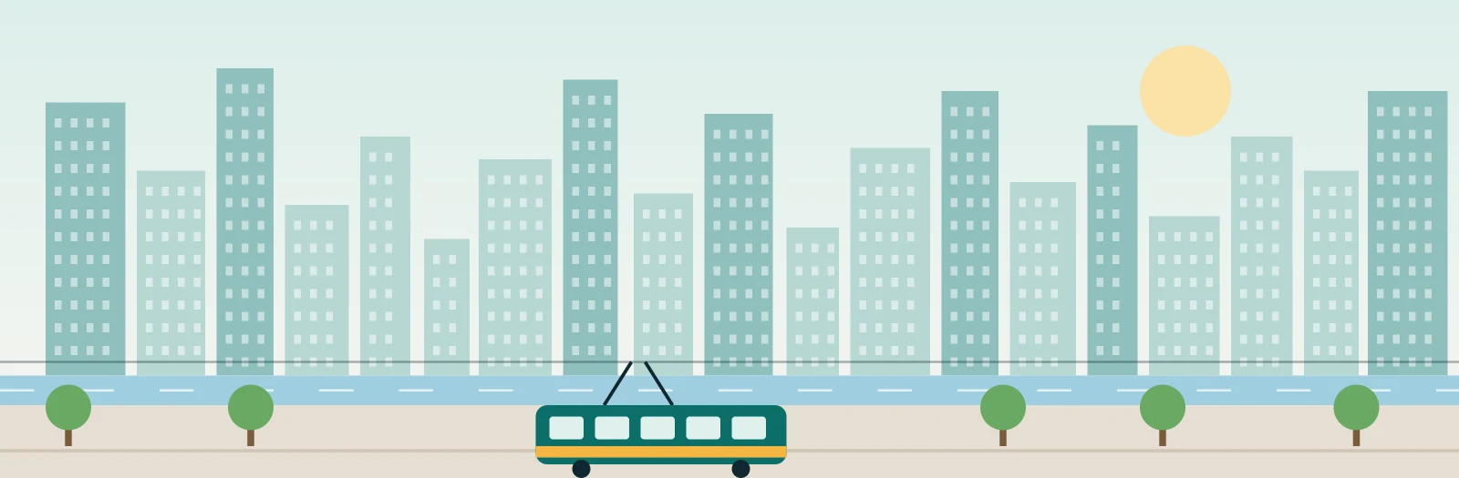 Illustrated Melbourne skyline with a tram running along the river