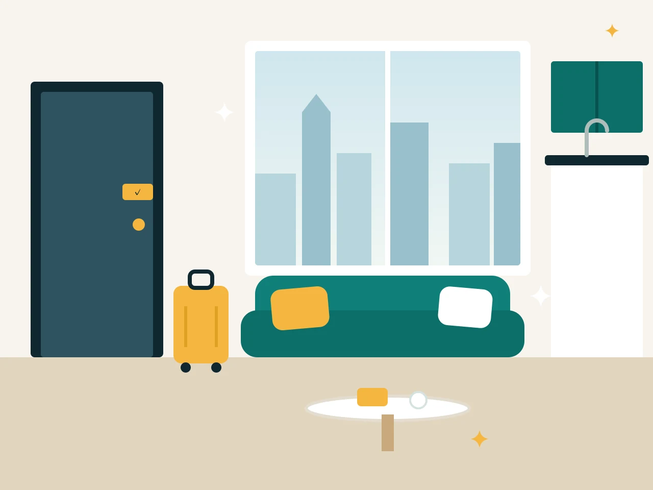 Clean short-stay apartment living area with a city view and a guest suitcase by the door
