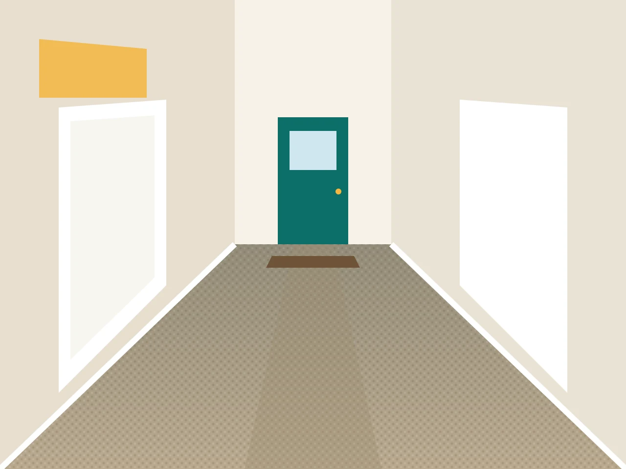 Carpeted hallway leading to the front door, with a worn traffic lane down the middle