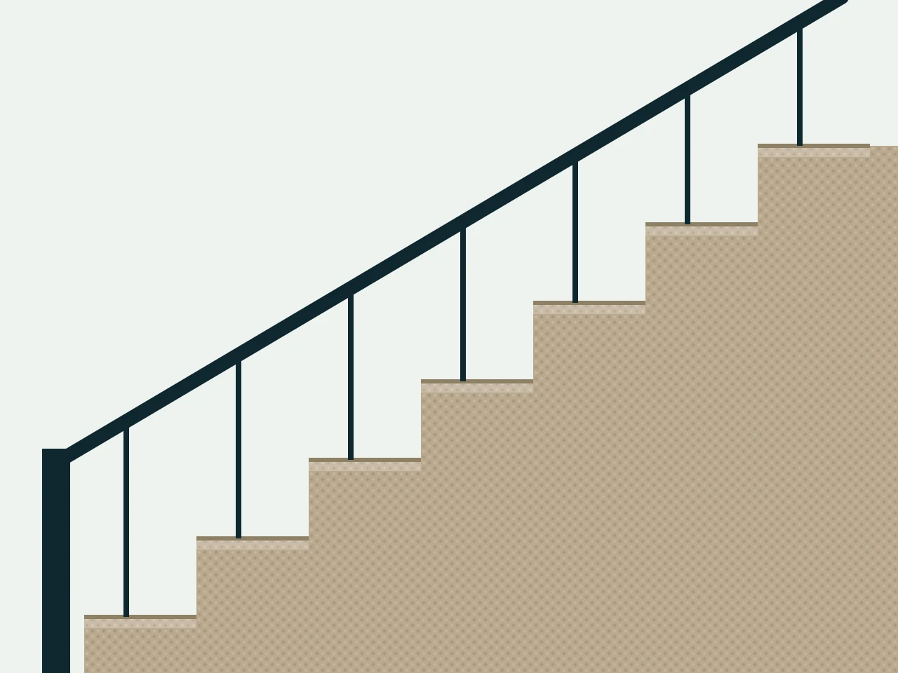 Carpeted staircase with a timber banister
