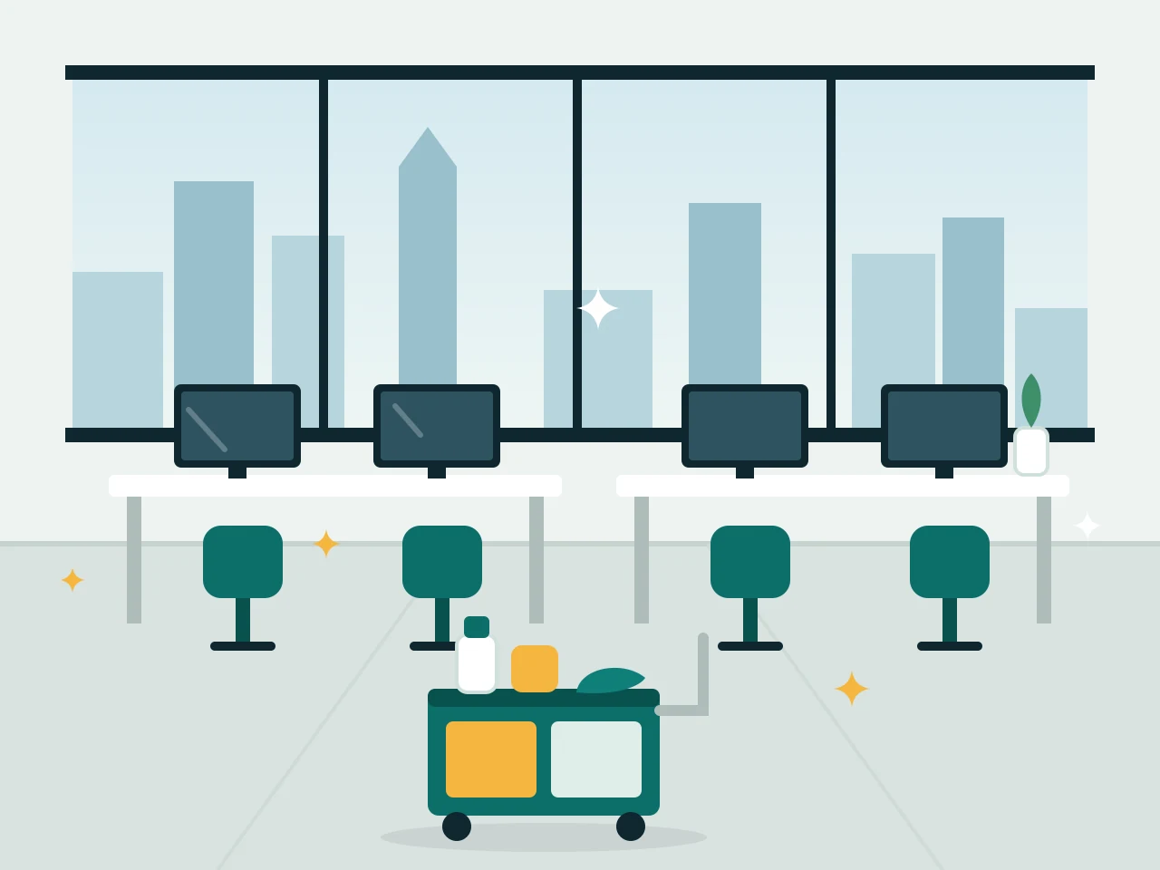 Open-plan office with clean desks and a cleaning trolley in front of city-view windows
