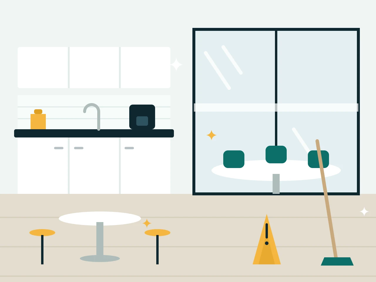 Staff kitchenette and glass meeting room with a wet floor sign during cleaning
