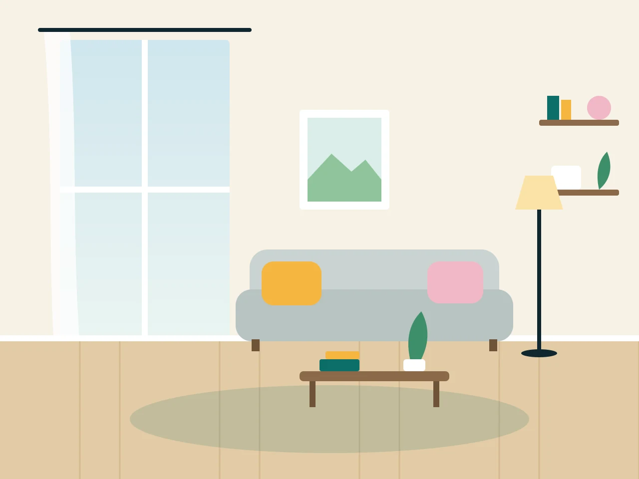 Sunlit living room with a grey sofa, coffee table, floor lamp and tall window