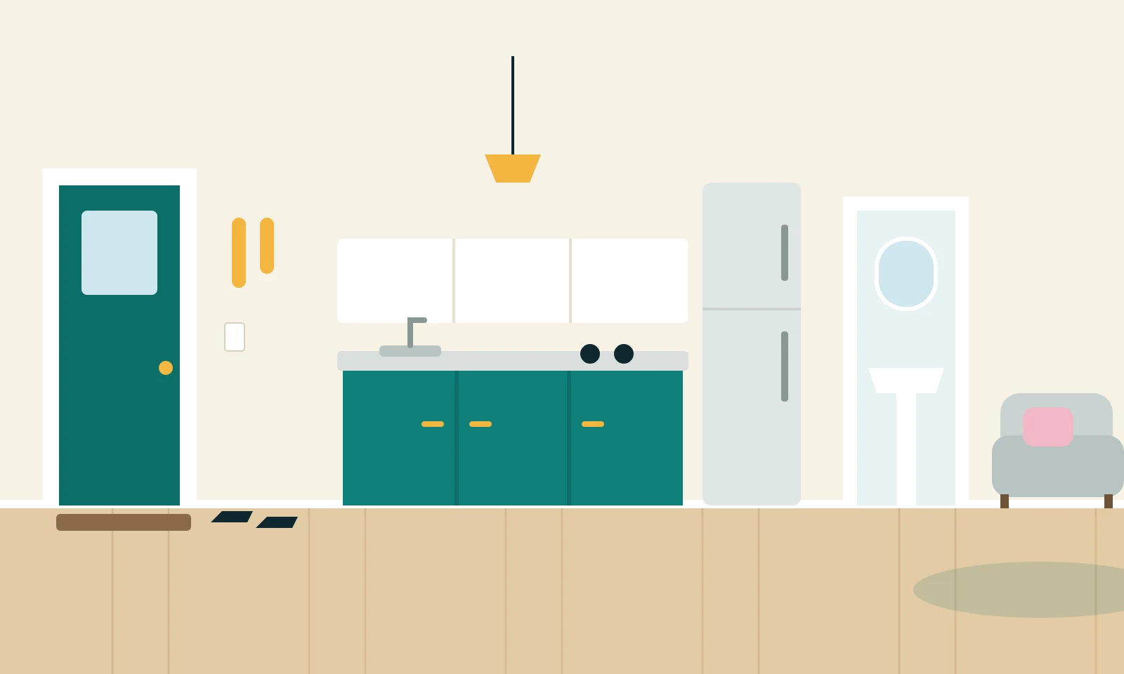Open-plan home with a front entry, kitchen bench and cupboards, a bathroom doorway and a living area