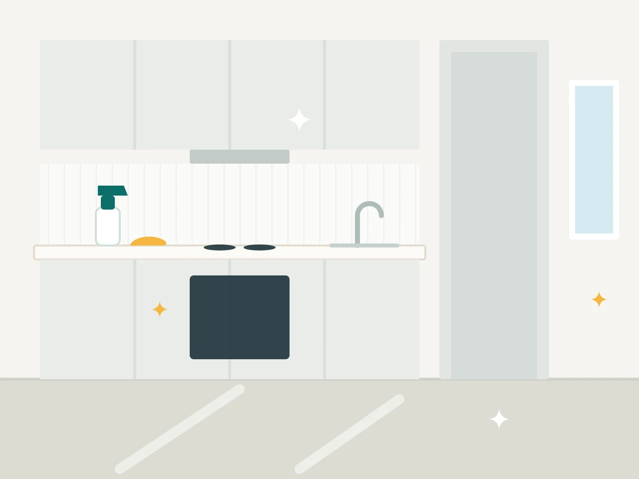 Empty, freshly cleaned kitchen with clear benchtops and an open space for the fridge