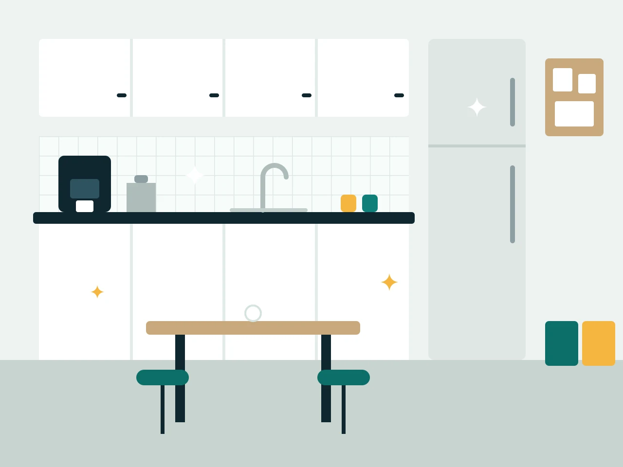 Office kitchenette with a coffee machine, sink, fridge and a small break table