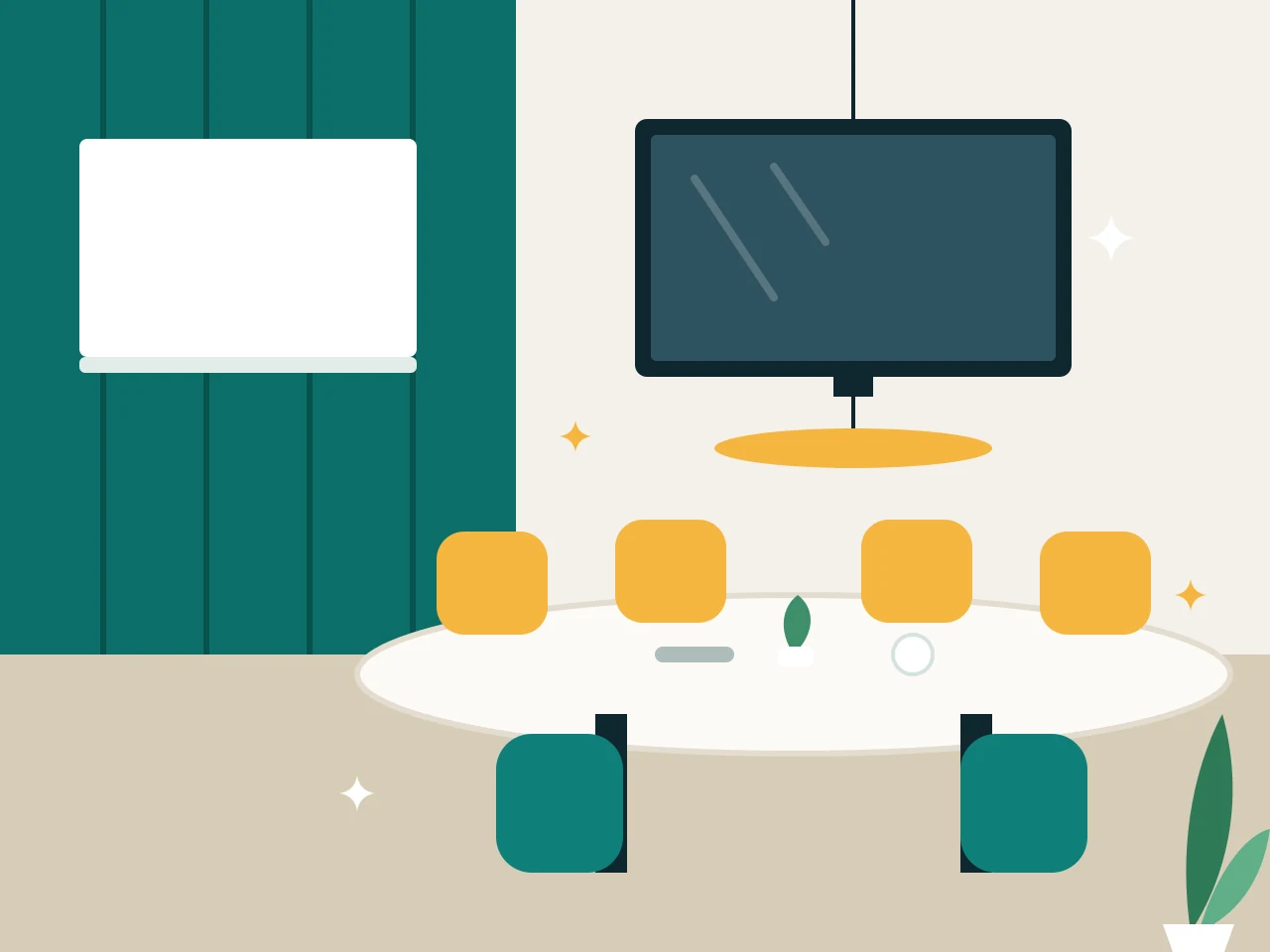 Clean meeting room with an oval table, chairs, wall screen and whiteboard