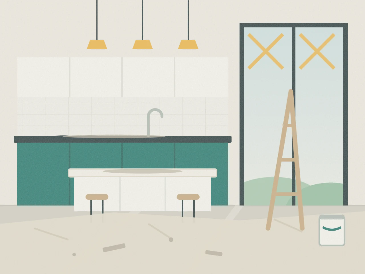 Illustration of a just-finished kitchen renovation with dust, a drop sheet, a stepladder and a paint tin