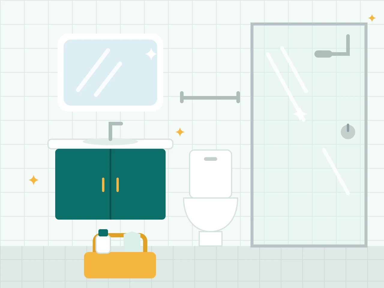 Clean rental bathroom with a clear shower screen, polished mirror, vanity and toilet