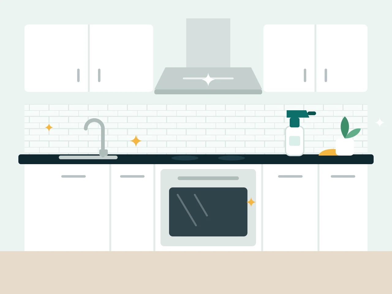 Clean rental kitchen with wiped benchtops, splashback, cooktop and oven door