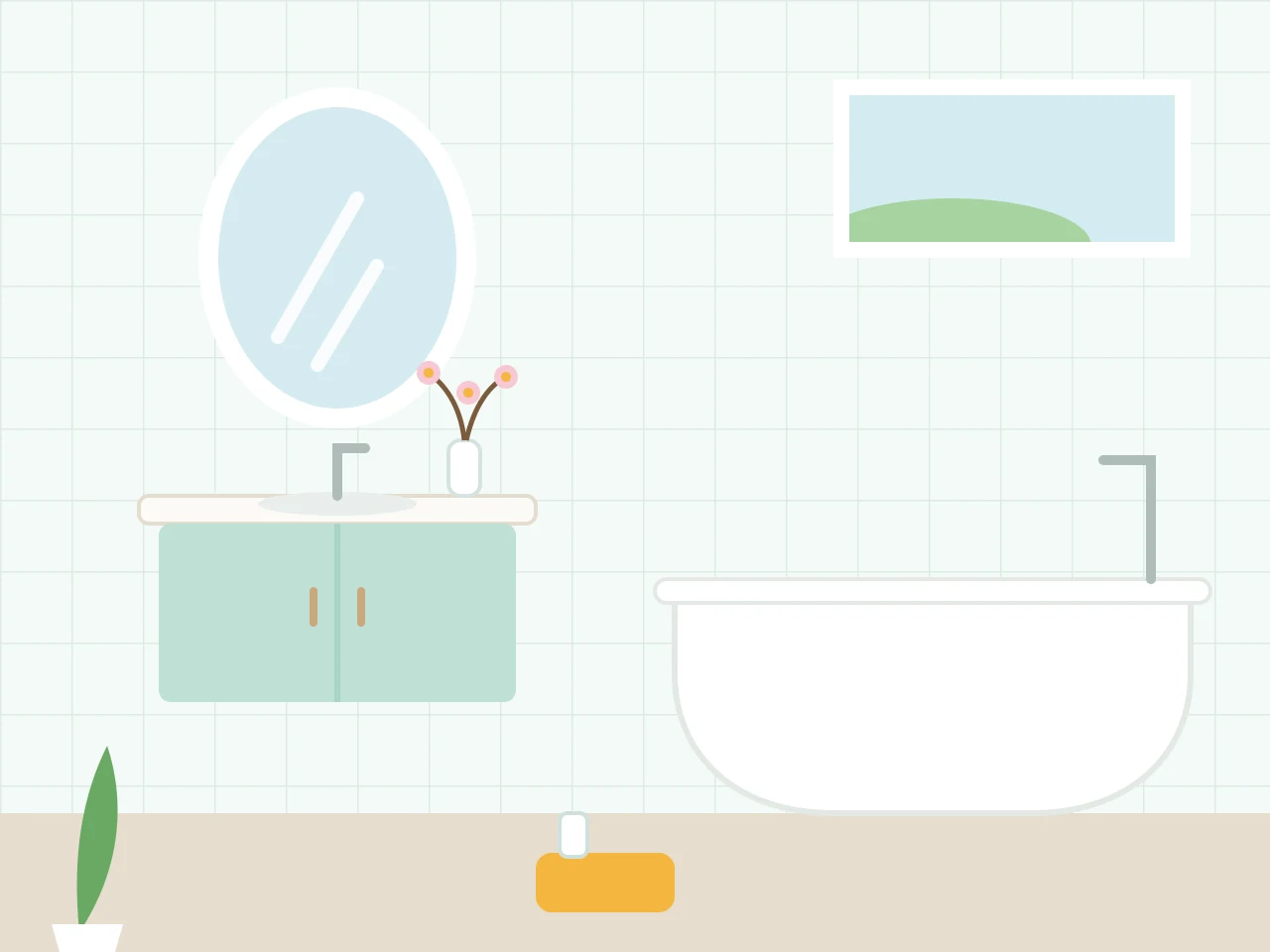 Light-filled bathroom with an oval mirror, pale green vanity and a freestanding bath