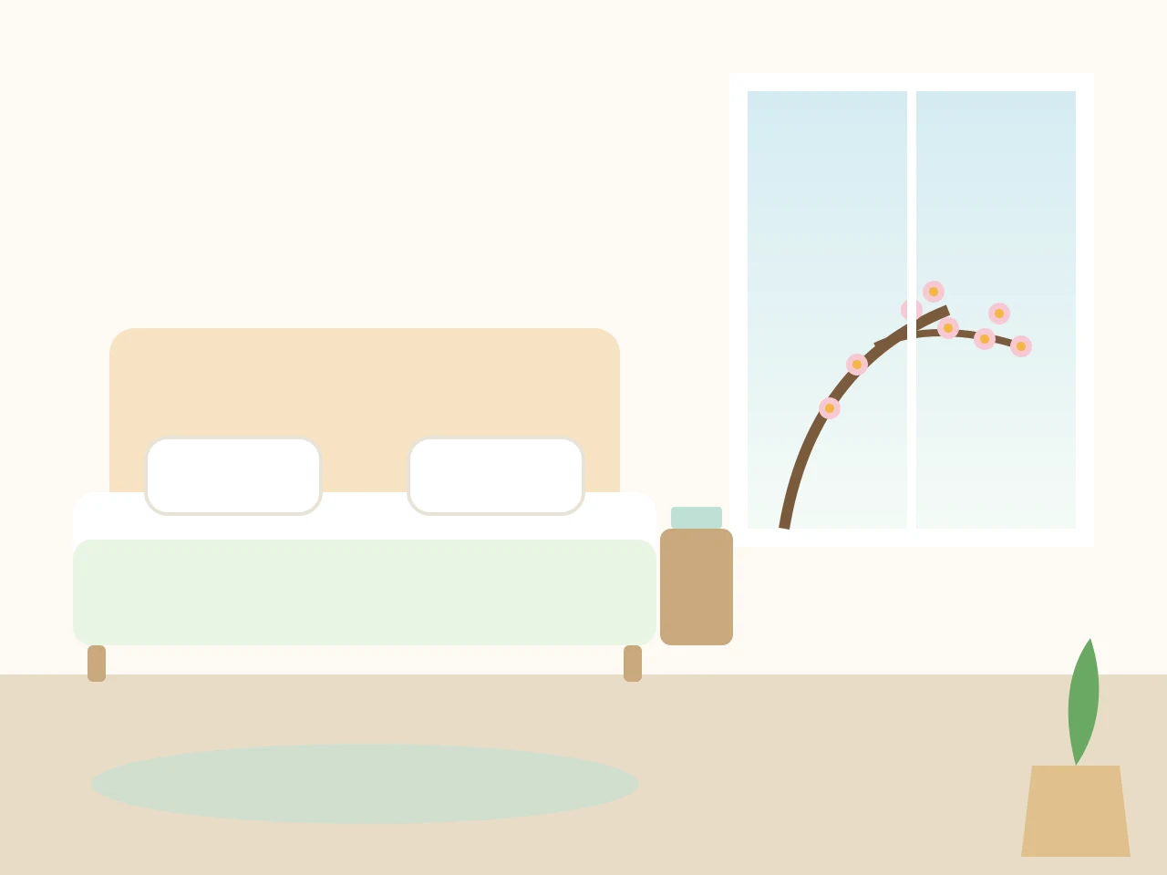 Airy bedroom with fresh linen and a blossom tree outside the open window