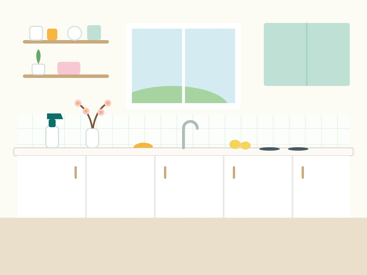 Fresh, sunlit kitchen with clear benchtops, open shelves and a jar of blossom by the window