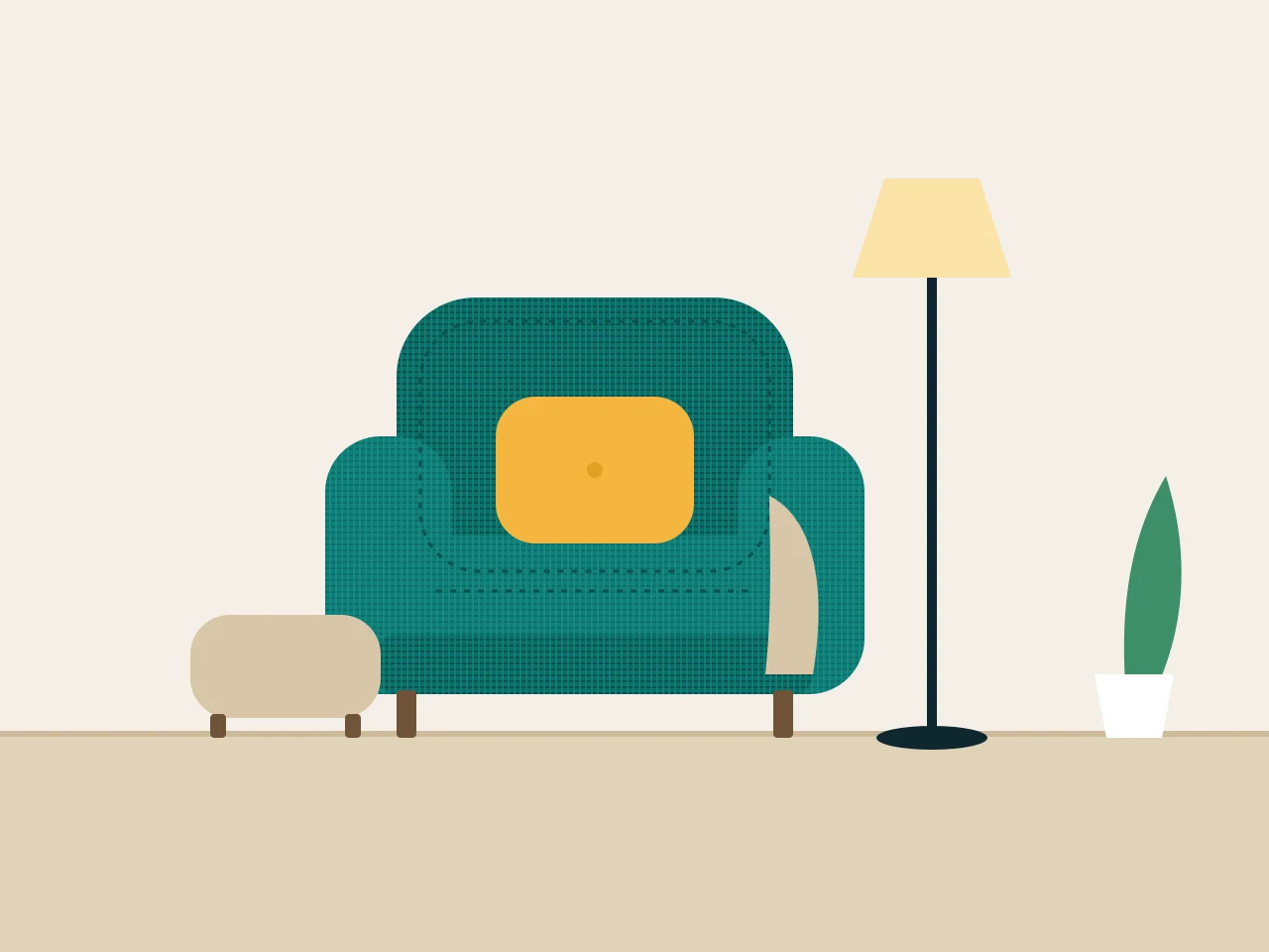 Teal fabric armchair with a cushion, beside an ottoman and a floor lamp