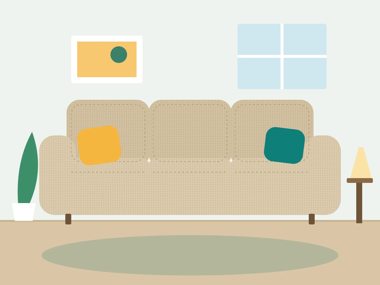 Fabric sofa with cushions in a bright living room