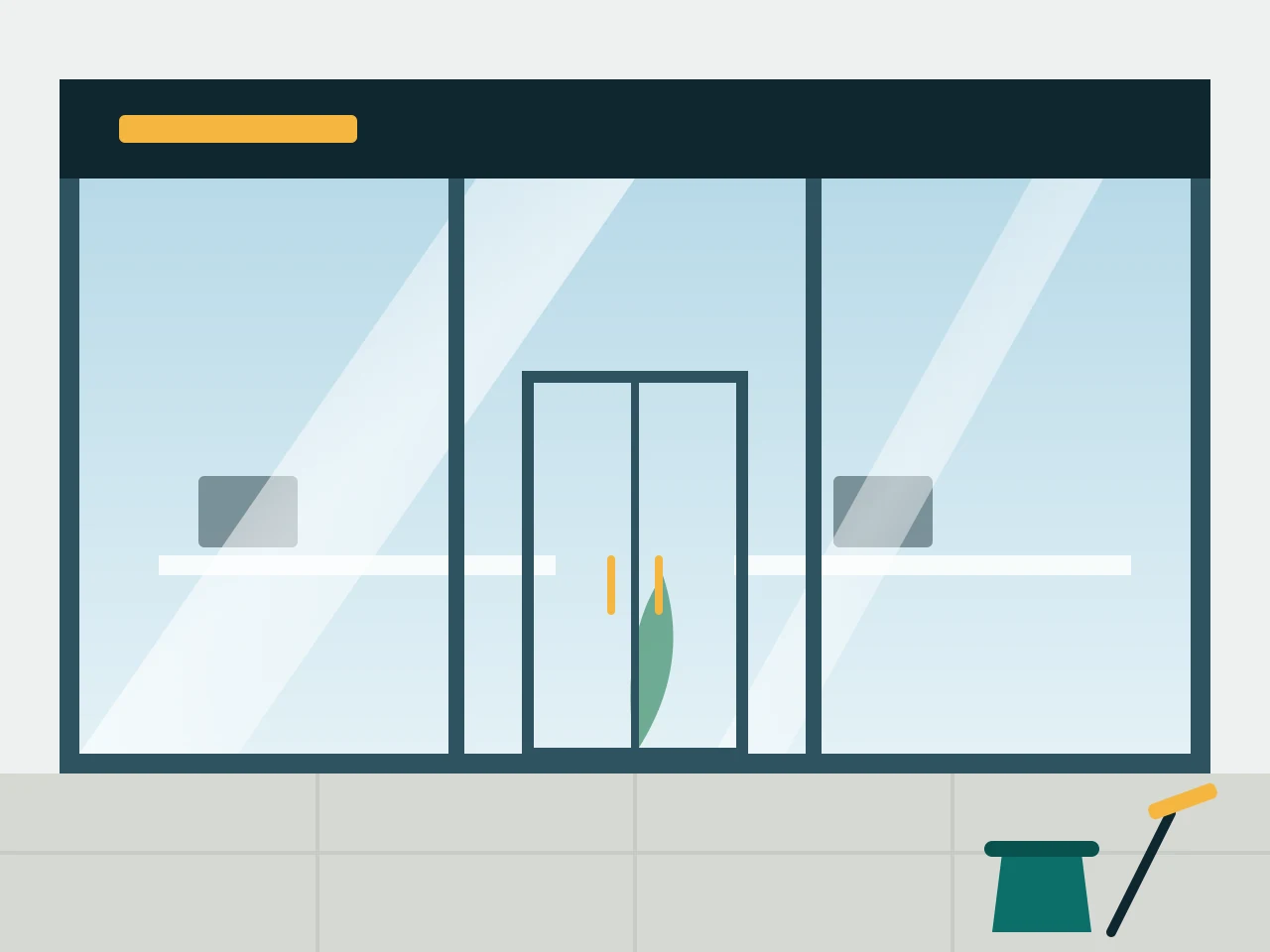 Ground-floor office shopfront with large glass panels and a glass entry door